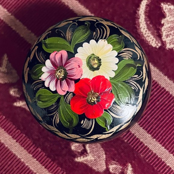 Hand Painted Floral Papier Mache Jewelry Bow Small Black Red Russian